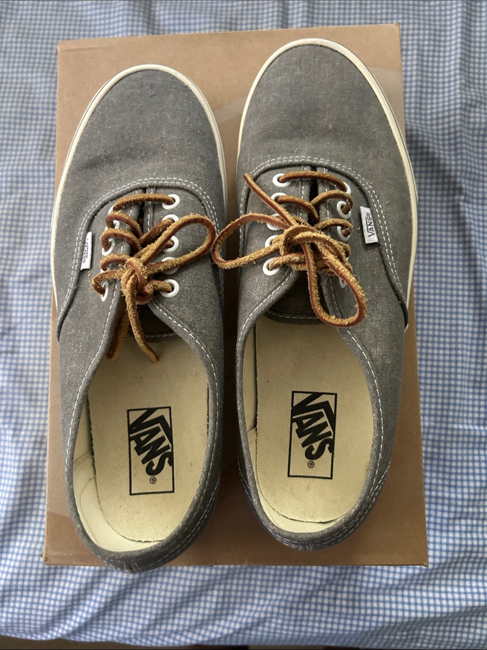 Vans Men’s Gray Canvas Low-Top Sneakers with Brown Laces